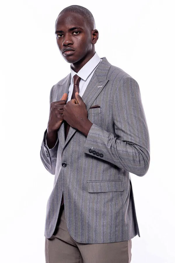 Striped Slim Fit Men Grey Blazer - Wessi