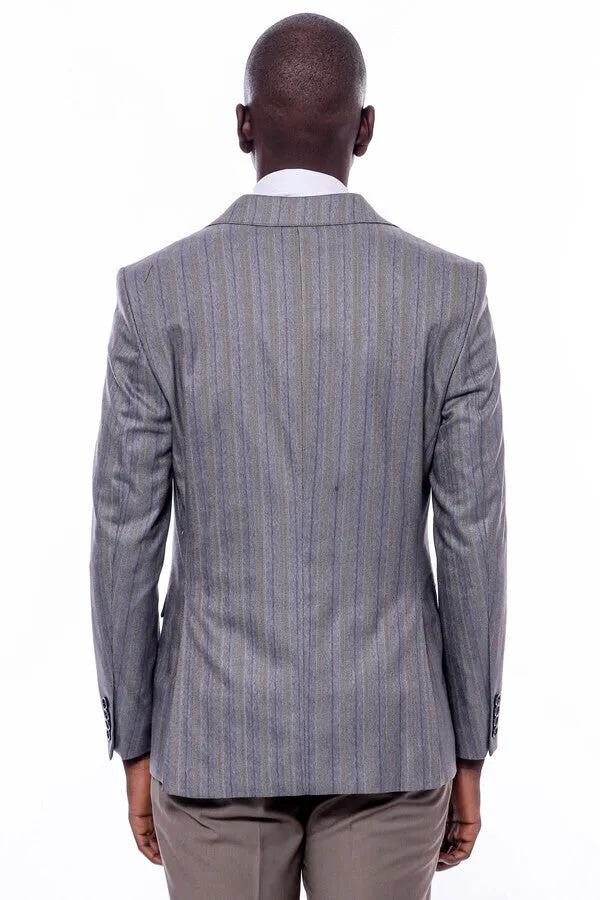 Striped Slim Fit Men Grey Blazer - Wessi
