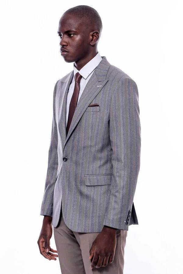 Striped Slim Fit Men Grey Blazer - Wessi