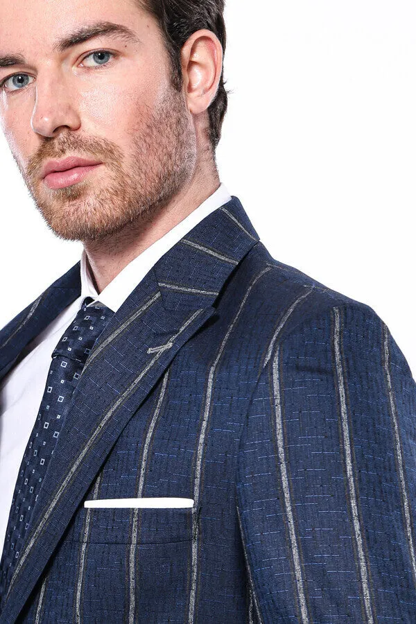 Striped Slim-Fit Navy Blue Men Blazer - Wessi