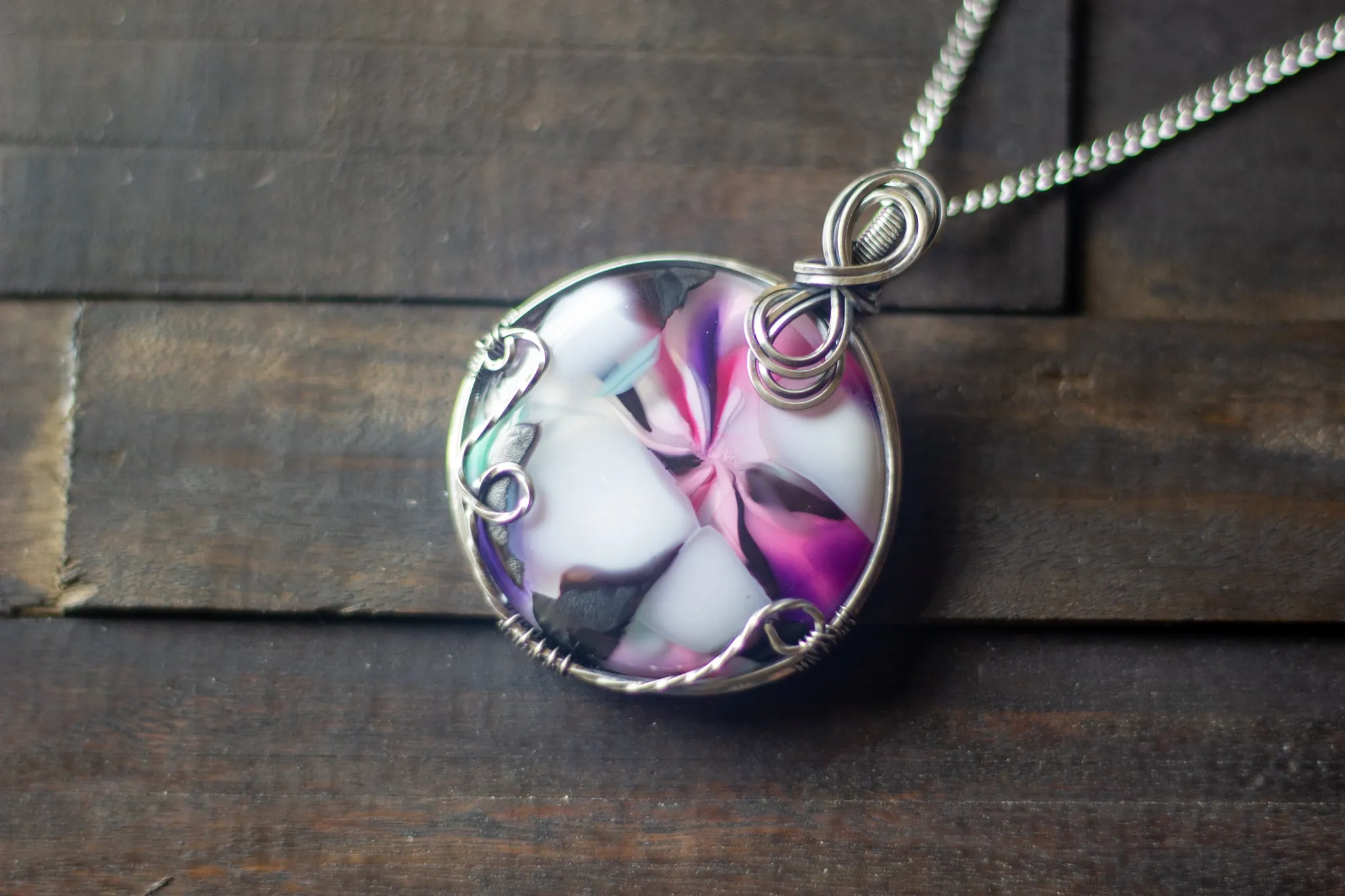 Swirls of Pink and Black Fused Glass and Sterling Silver Pendant