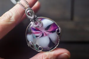Swirls of Pink and Black Fused Glass and Sterling Silver Pendant