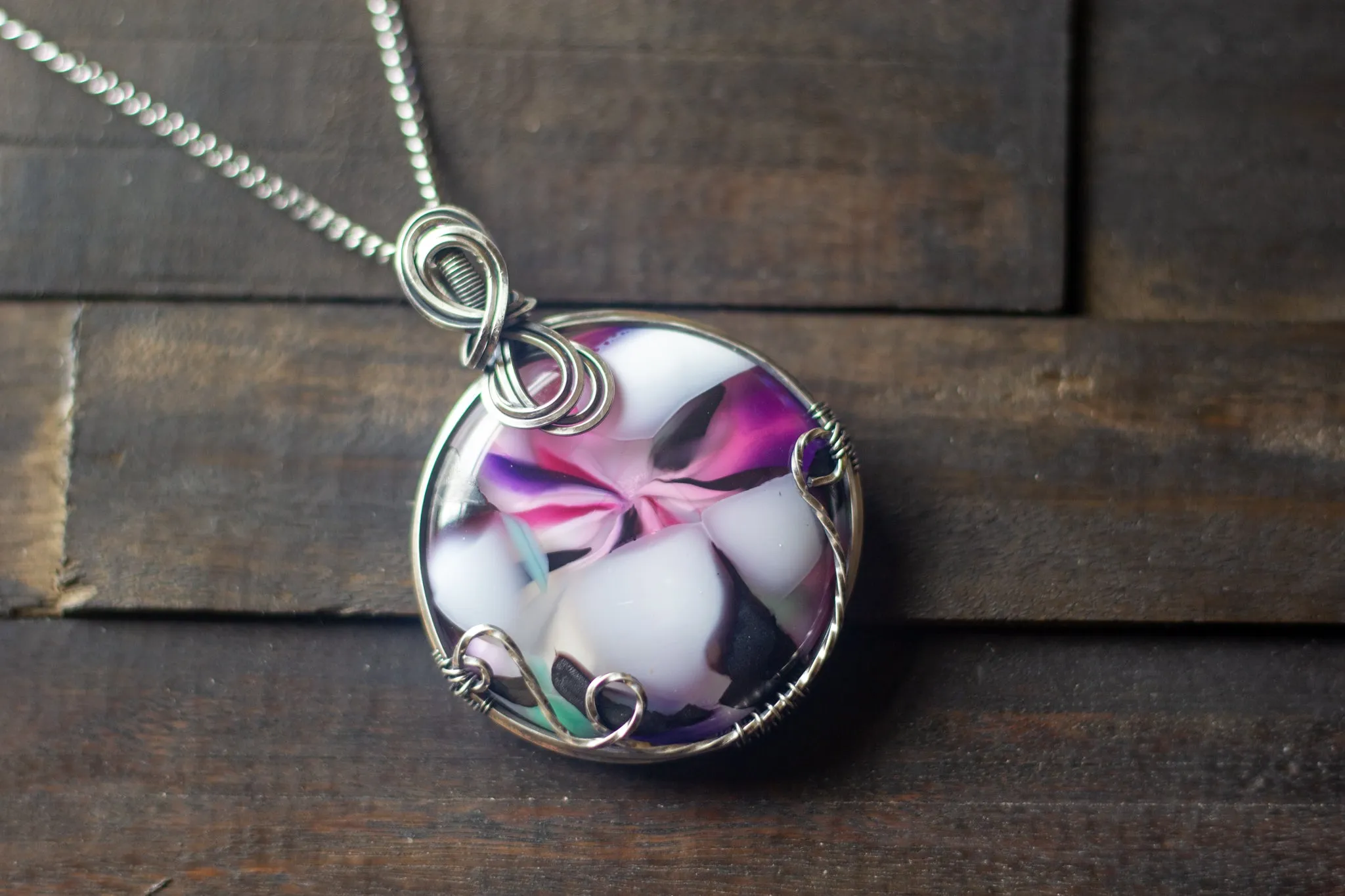 Swirls of Pink and Black Fused Glass and Sterling Silver Pendant