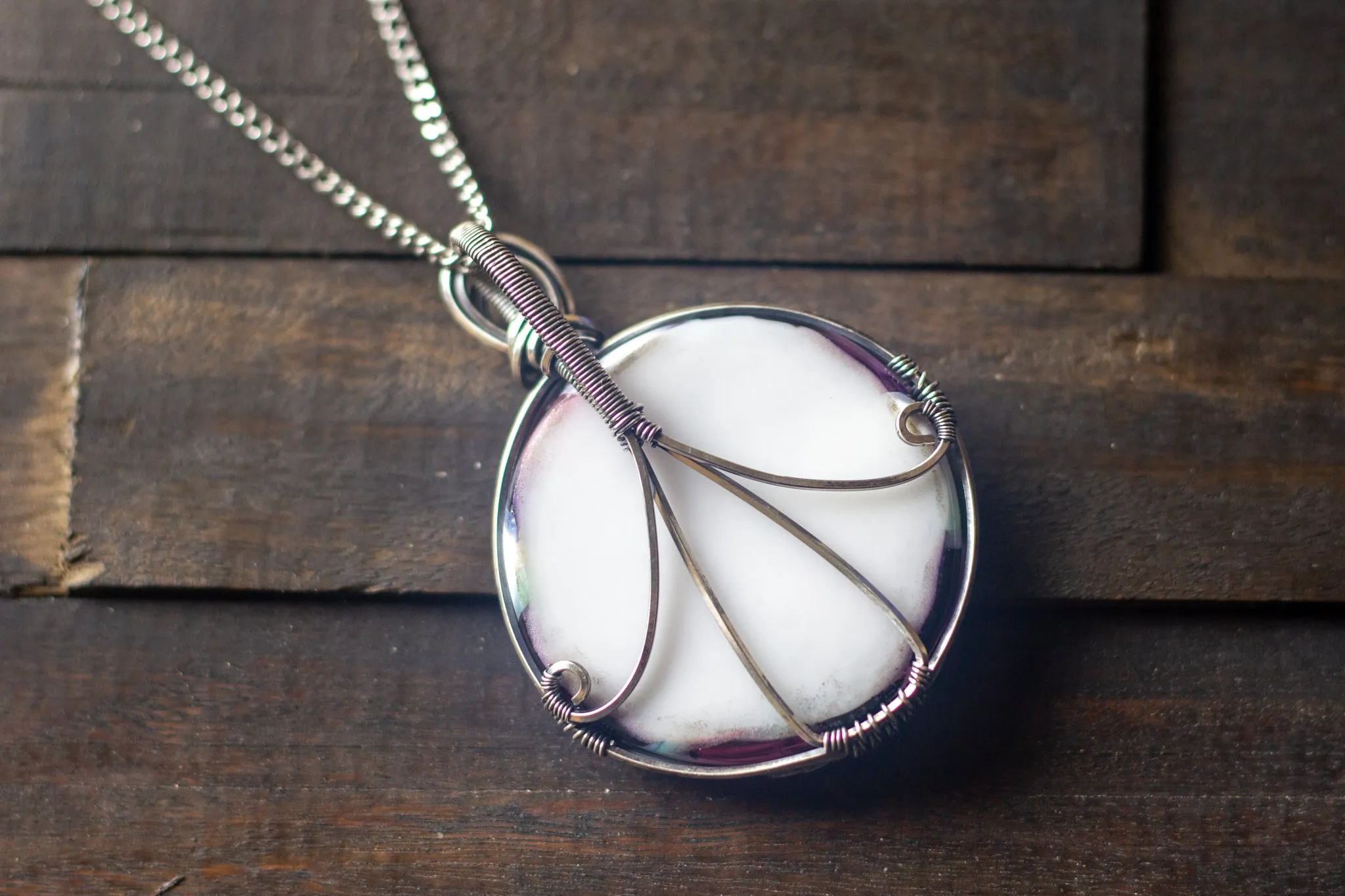 Swirls of Pink and Black Fused Glass and Sterling Silver Pendant