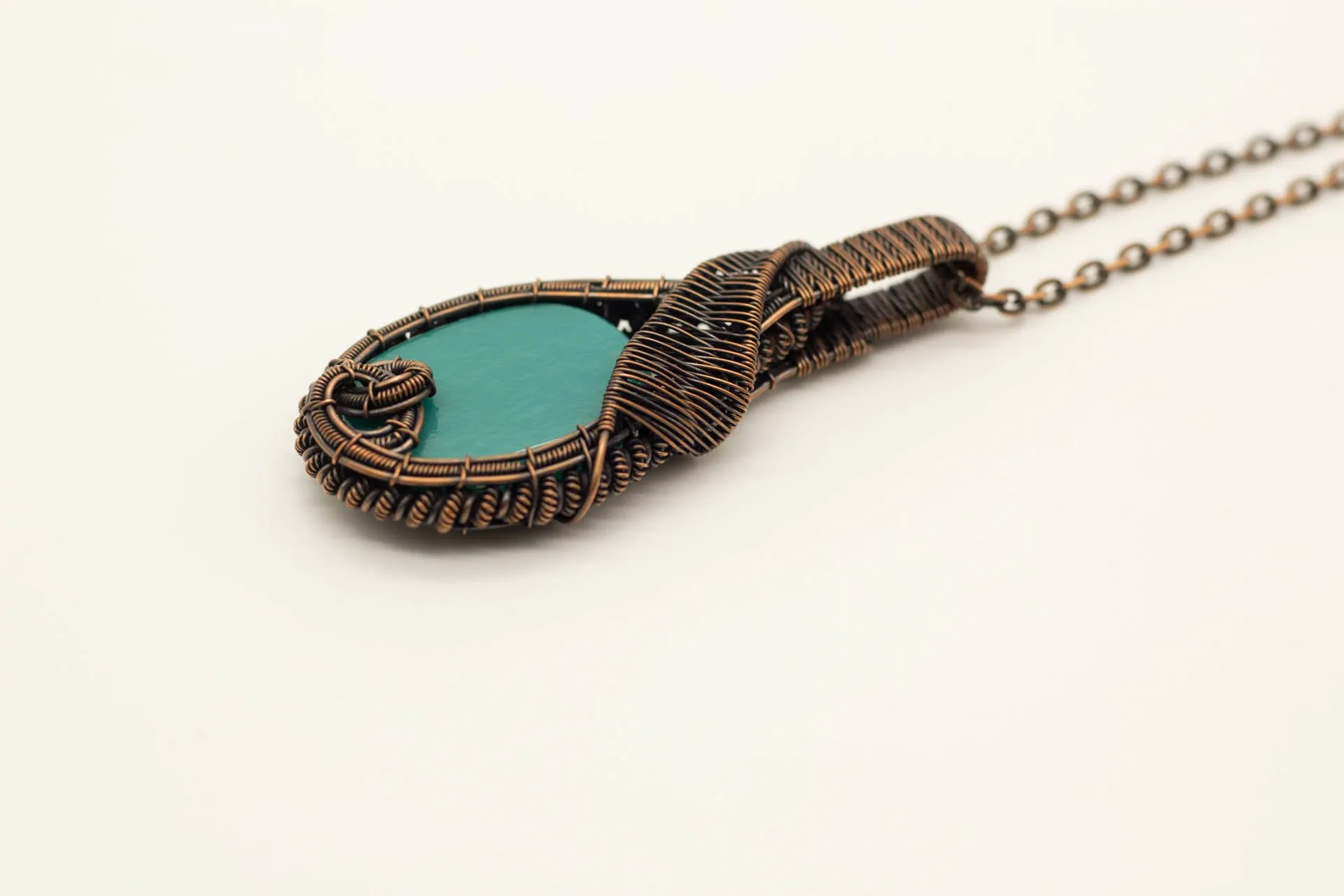 Teal Fused Glass Double-Sided Statement Pendant with Copper Wire Wrapping