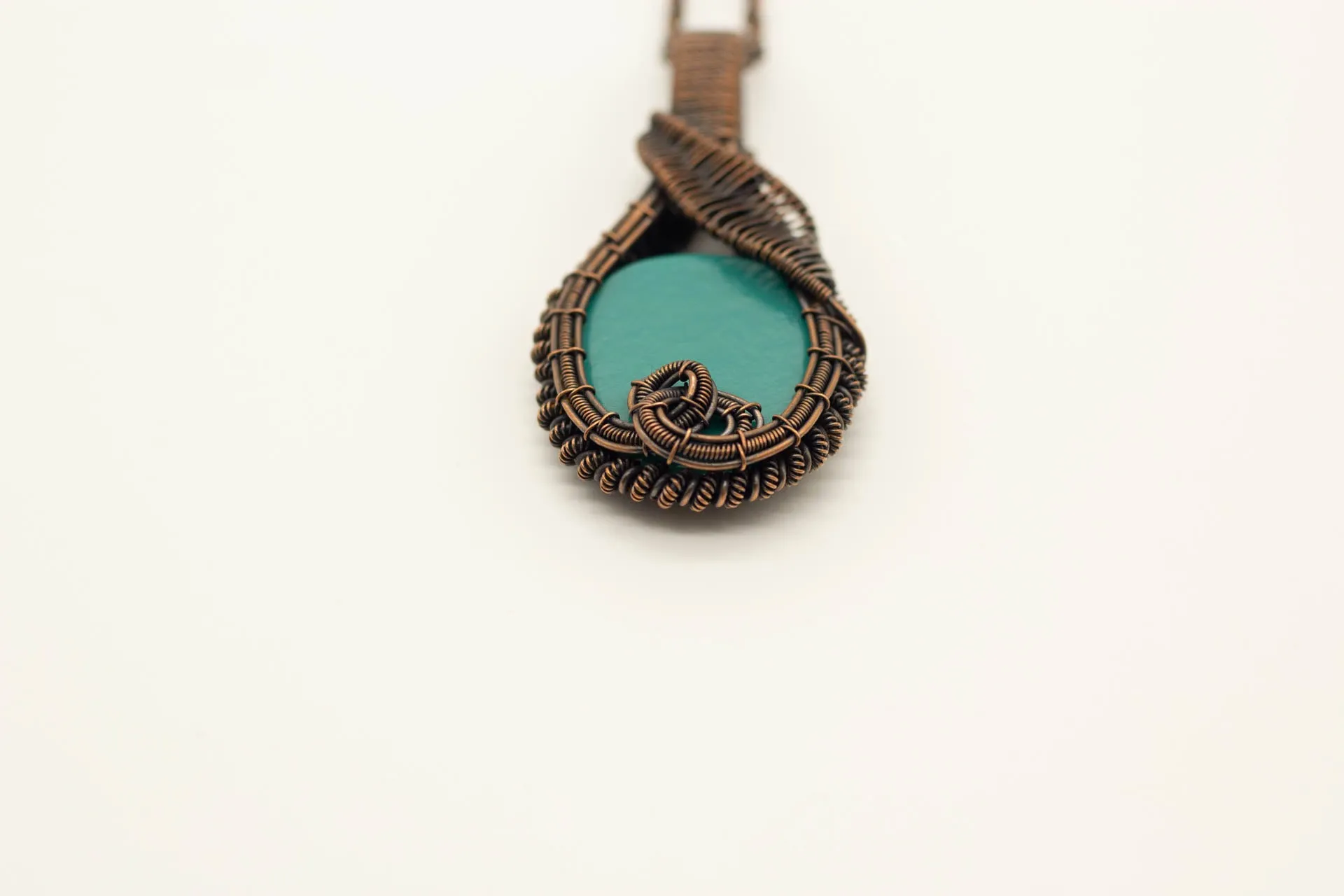 Teal Fused Glass Double-Sided Statement Pendant with Copper Wire Wrapping