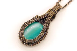 Teal Fused Glass Double-Sided Statement Pendant with Copper Wire Wrapping