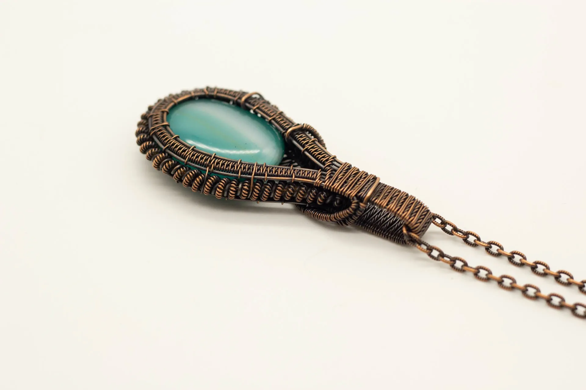 Teal Fused Glass Double-Sided Statement Pendant with Copper Wire Wrapping