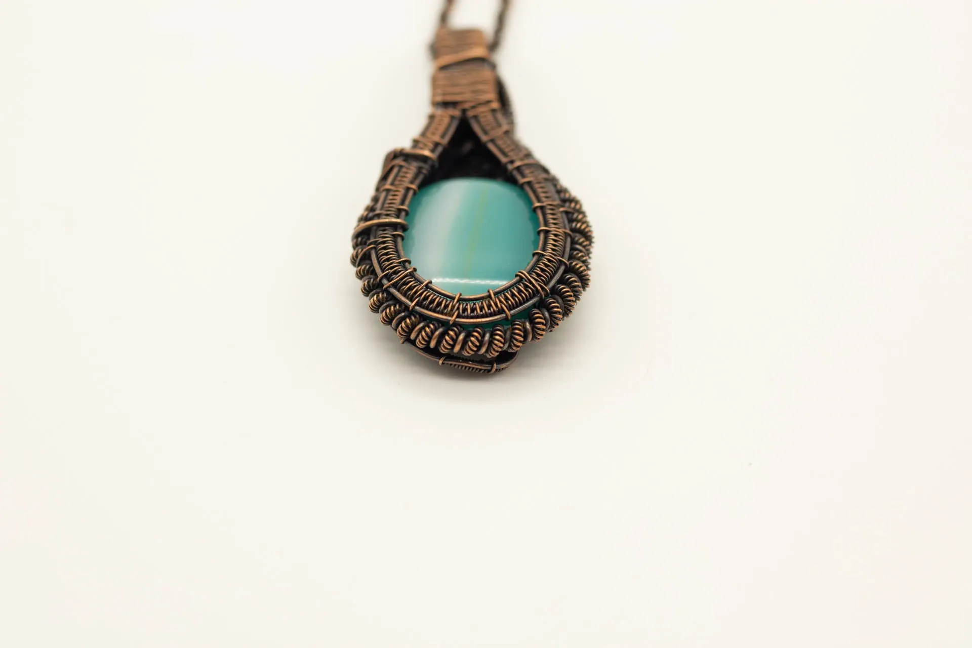 Teal Fused Glass Double-Sided Statement Pendant with Copper Wire Wrapping