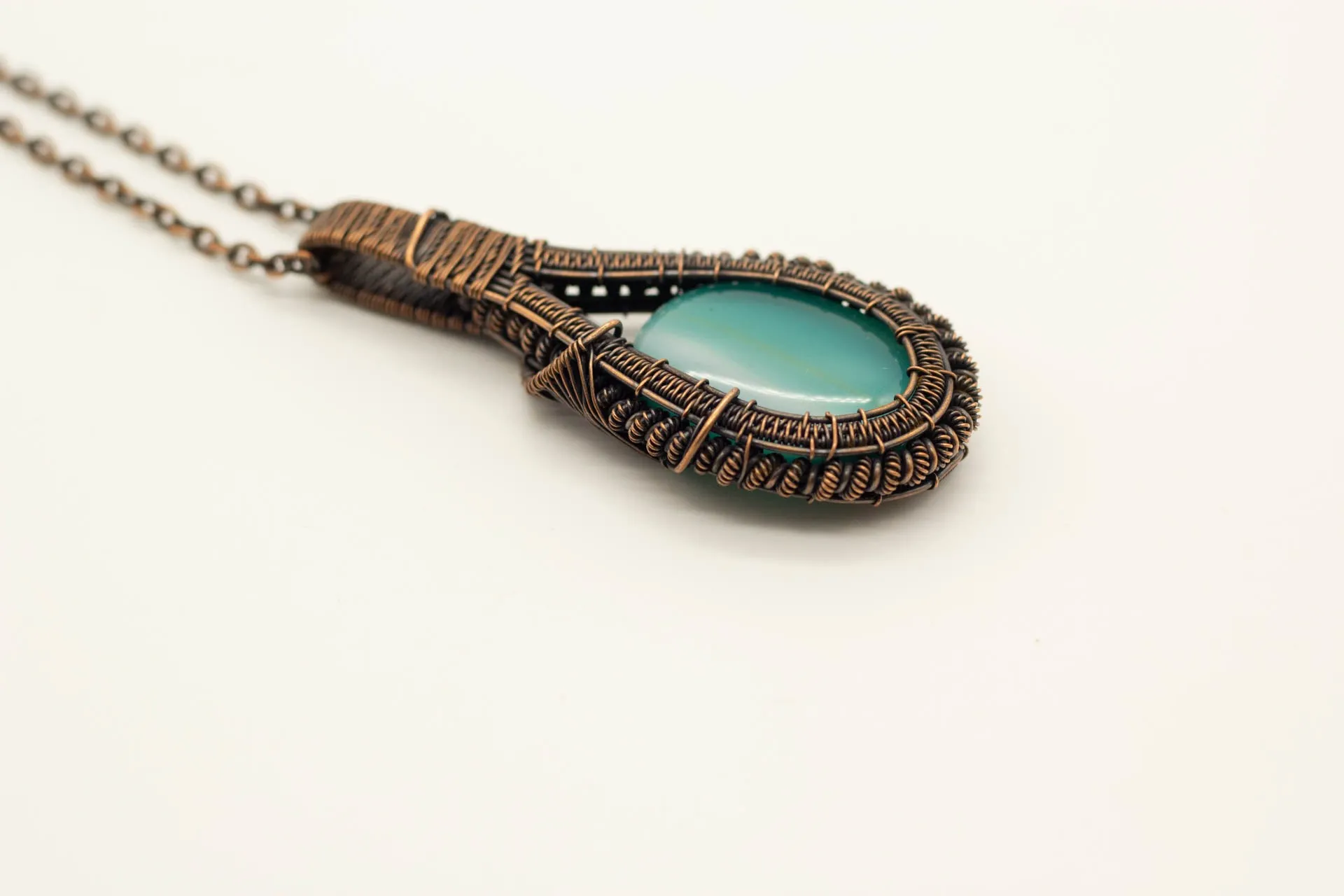 Teal Fused Glass Double-Sided Statement Pendant with Copper Wire Wrapping