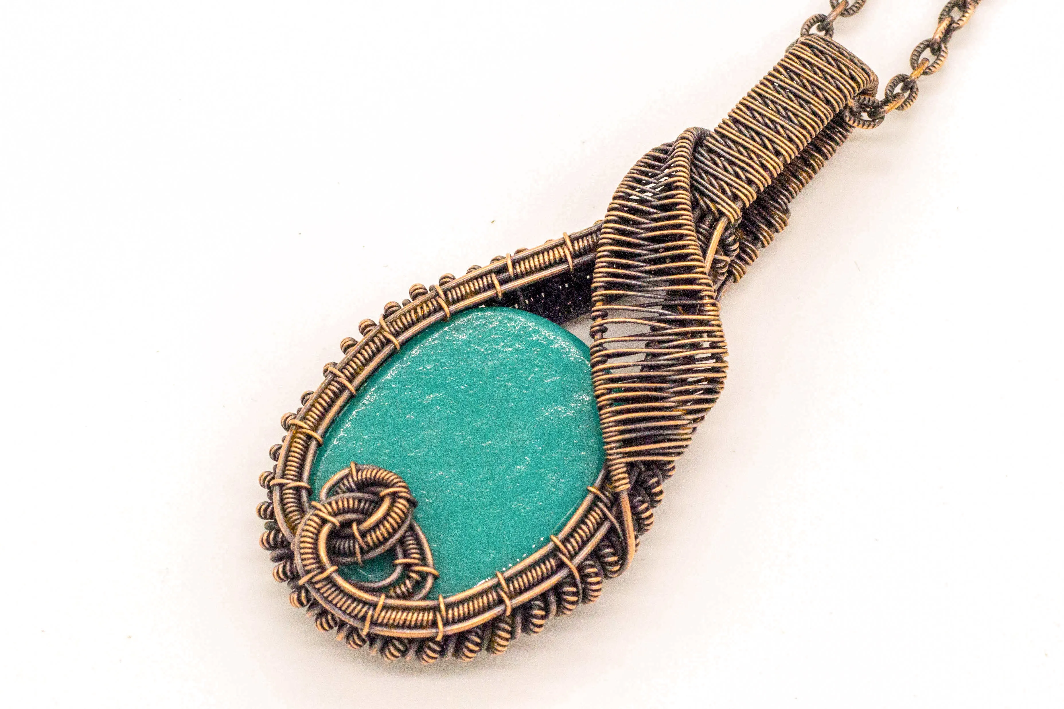 Teal Fused Glass Double-Sided Statement Pendant with Copper Wire Wrapping