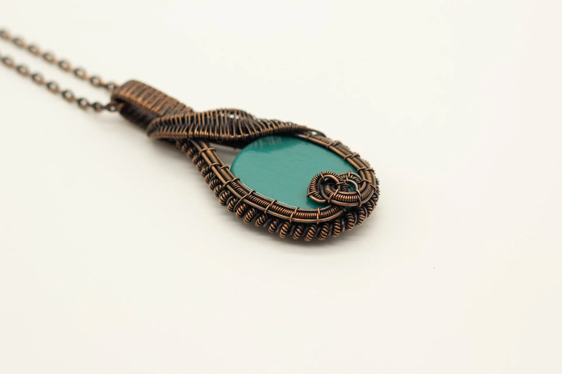 Teal Fused Glass Double-Sided Statement Pendant with Copper Wire Wrapping