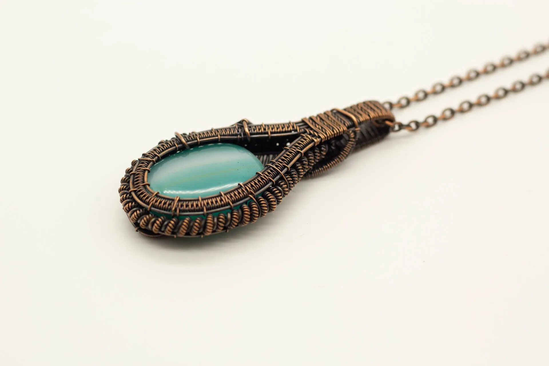 Teal Fused Glass Double-Sided Statement Pendant with Copper Wire Wrapping