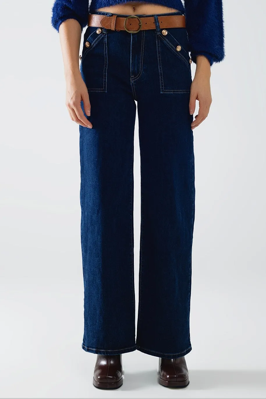 The Q2 Wide Leg Jeans with Details - Blue