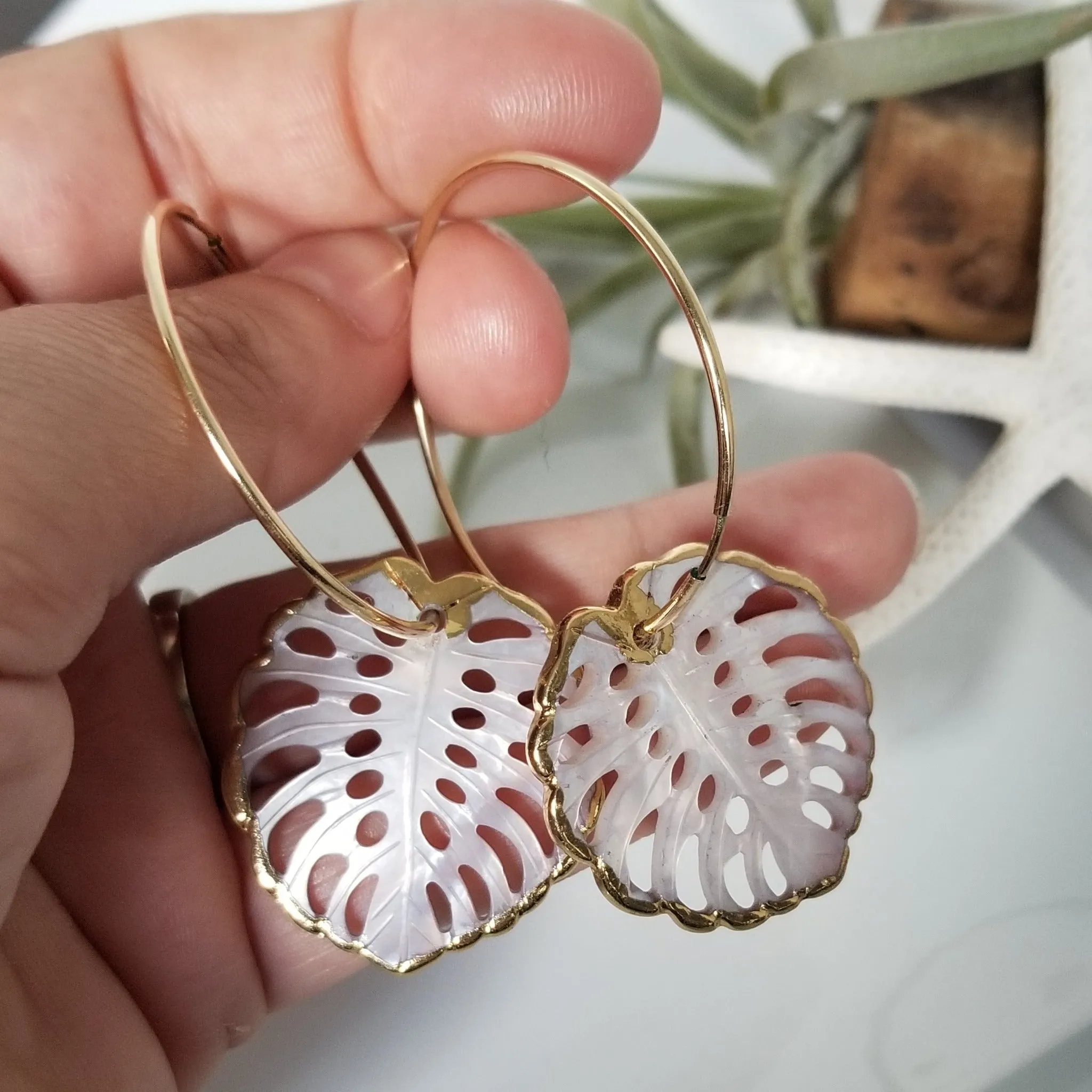 The "Kyla" - Eternity Hoop Monstera Drop Earrings - Gold