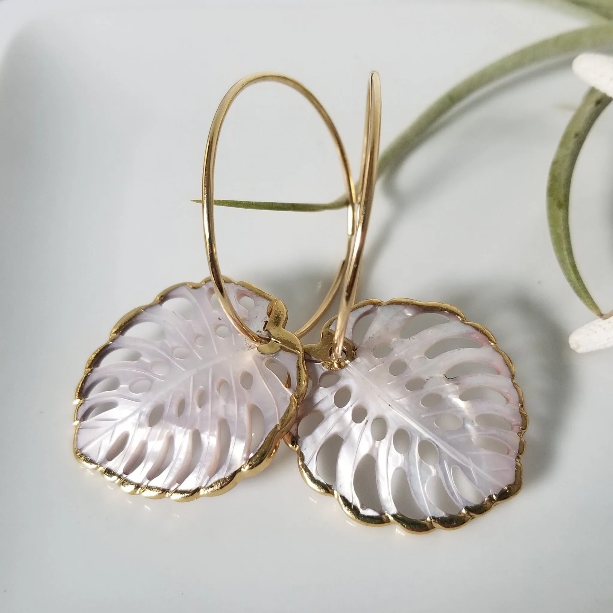 The "Kyla" - Eternity Hoop Monstera Drop Earrings - Gold