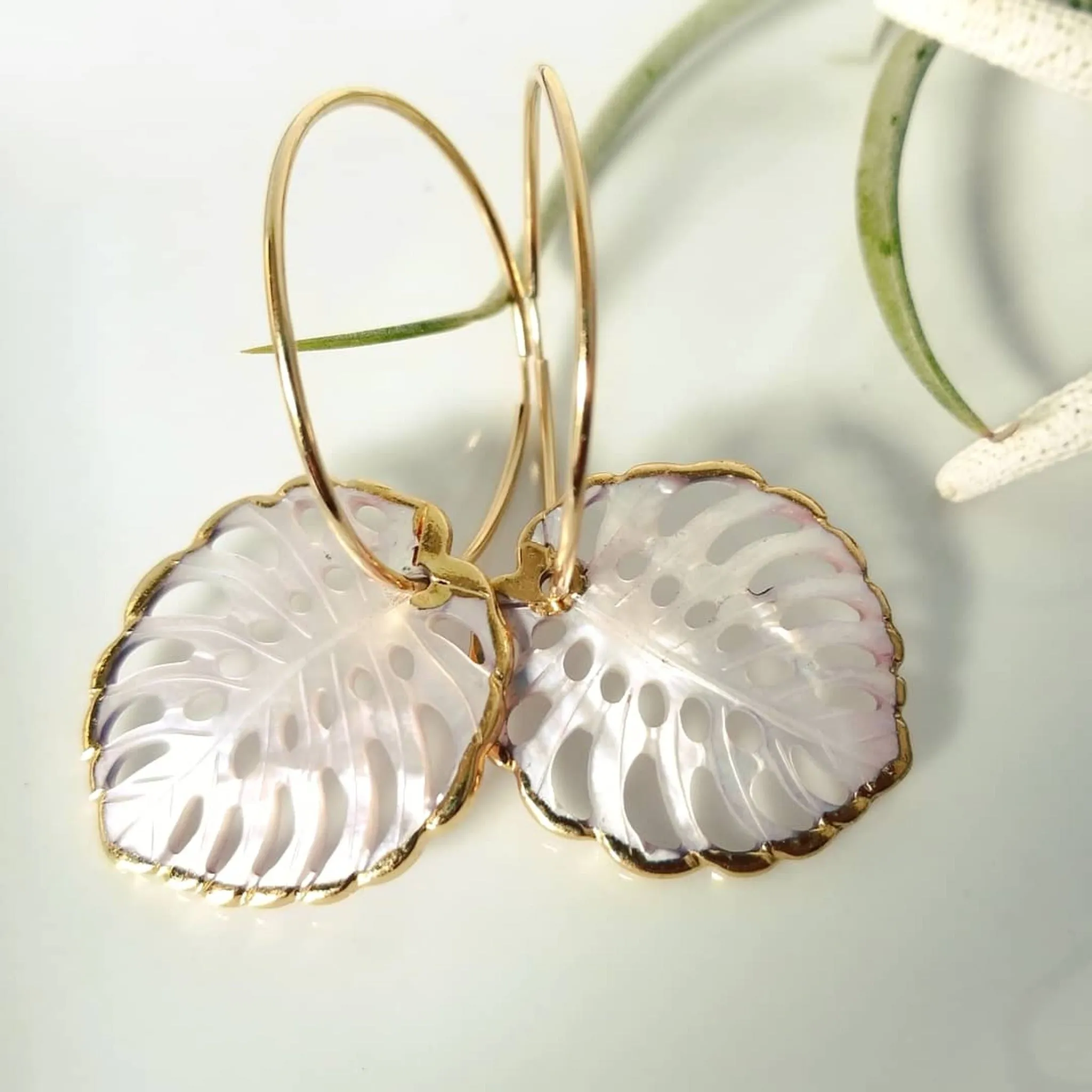 The "Kyla" - Eternity Hoop Monstera Drop Earrings - Gold