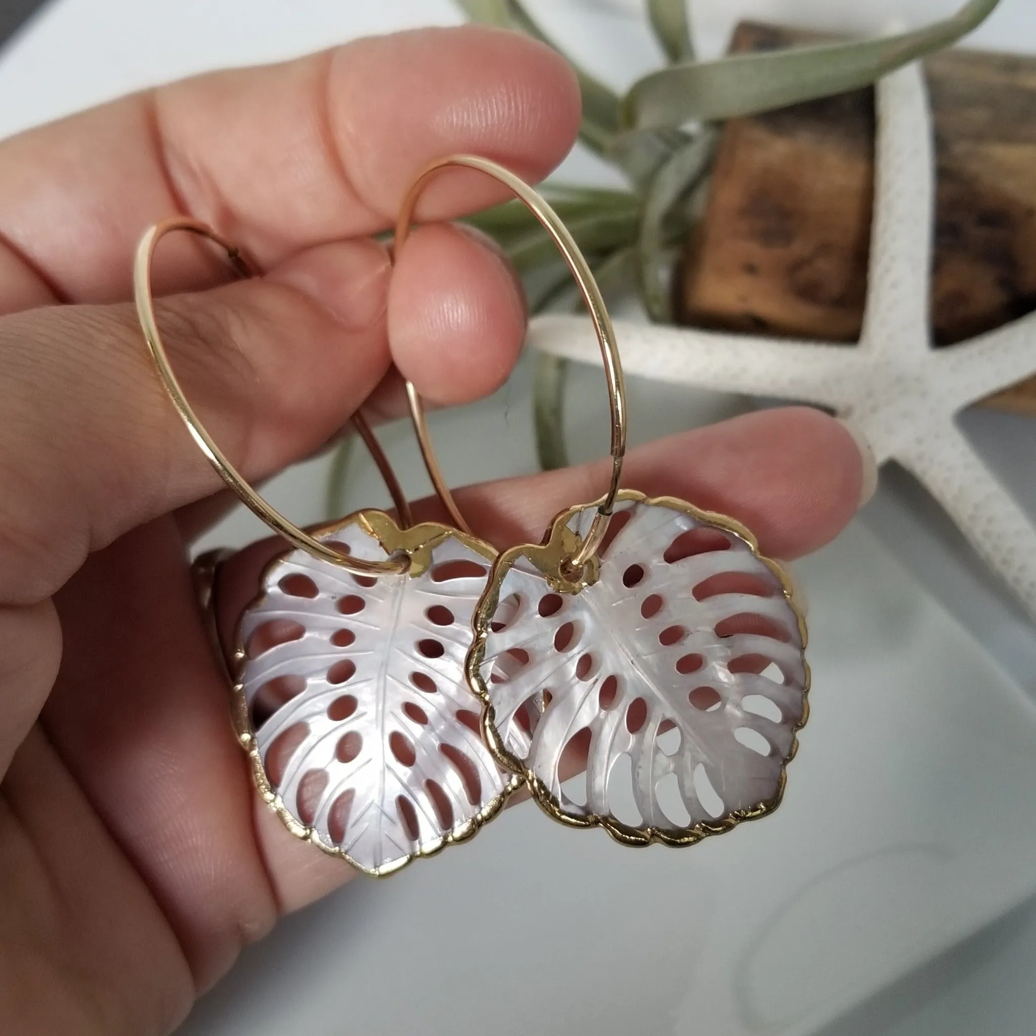 The "Kyla" - Eternity Hoop Monstera Drop Earrings - Gold