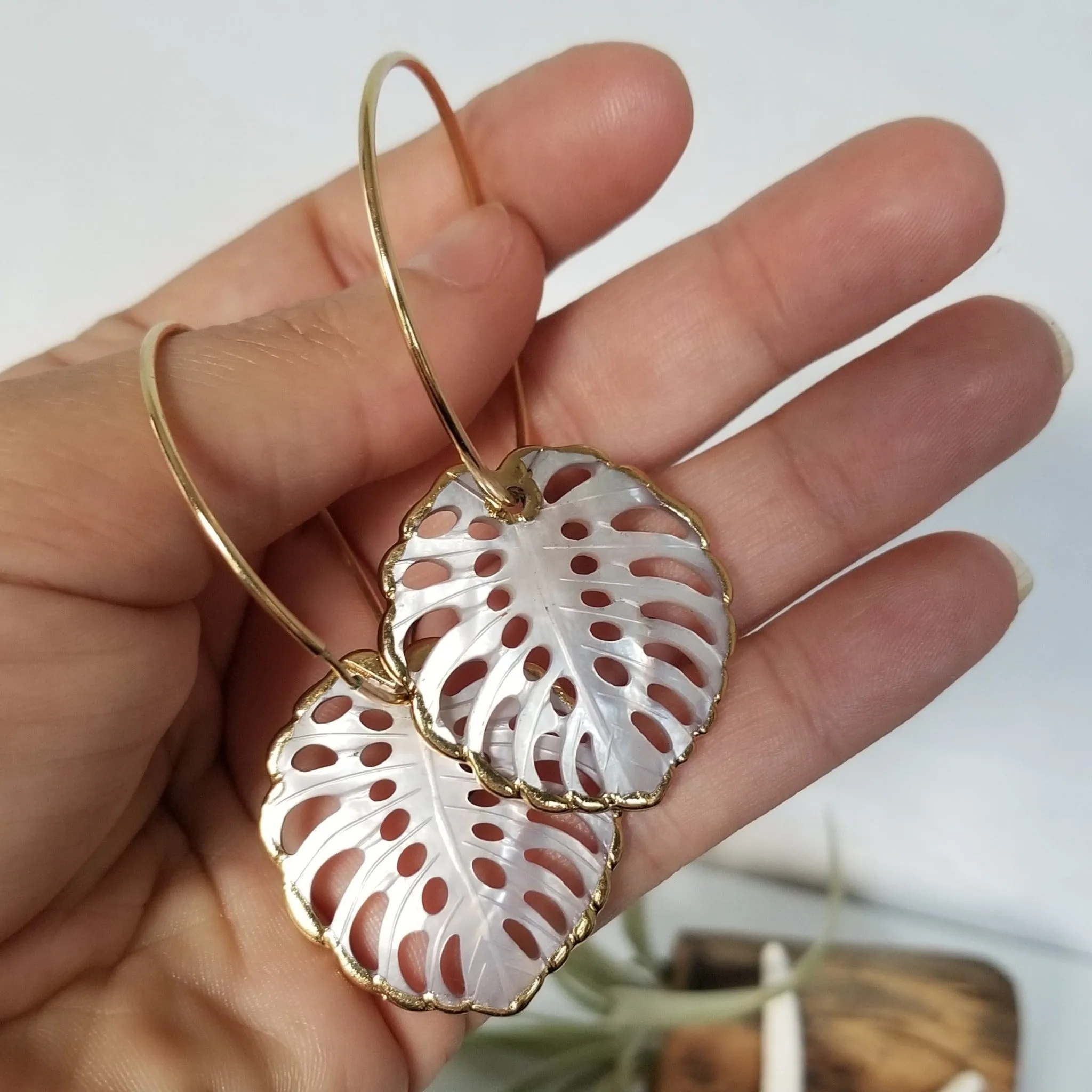 The "Kyla" - Eternity Hoop Monstera Drop Earrings - Gold