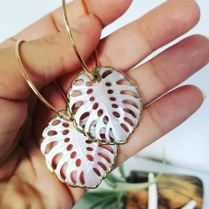 The "Kyla" - Eternity Hoop Monstera Drop Earrings - Gold
