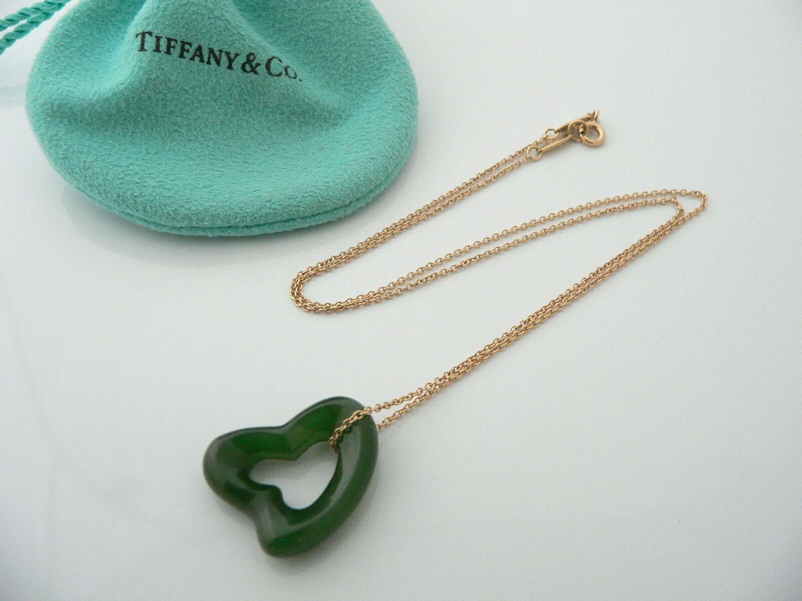 Tiffany & Co 18K Gold Large Jade Gemstone Heart Necklace Pendant Gift Love Pouch