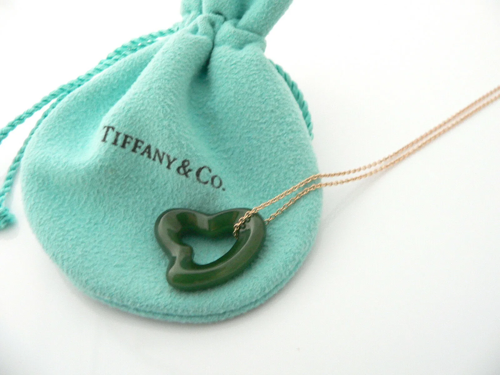 Tiffany & Co 18K Gold Large Jade Gemstone Heart Necklace Pendant Gift Love Pouch