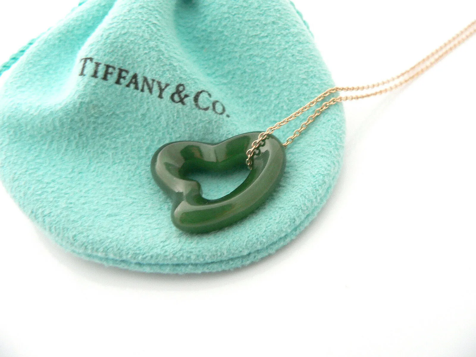 Tiffany & Co 18K Gold Large Jade Gemstone Heart Necklace Pendant Gift Love Pouch