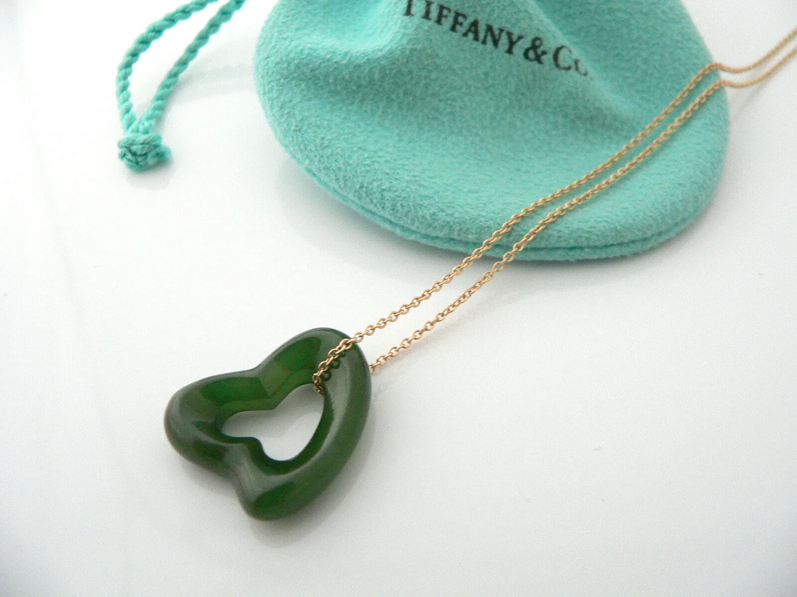 Tiffany & Co 18K Gold Large Jade Gemstone Heart Necklace Pendant Gift Love Pouch