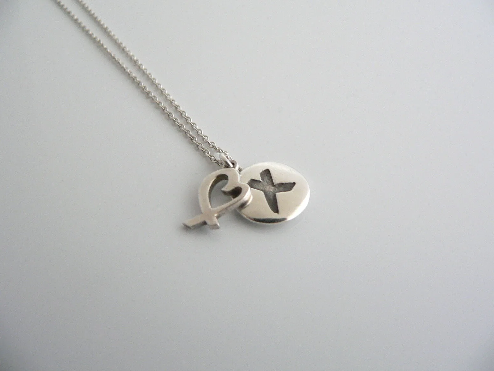 Tiffany & Co Heart Love Kiss Necklace Pendant Picasso Silver Gift 17 Inch Chain