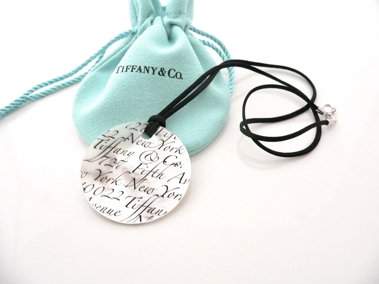 Tiffany & Co Mother of Pearl Necklace Notes Round Circle Pendant Love Gift Pouch Black Silk Cord Clasp