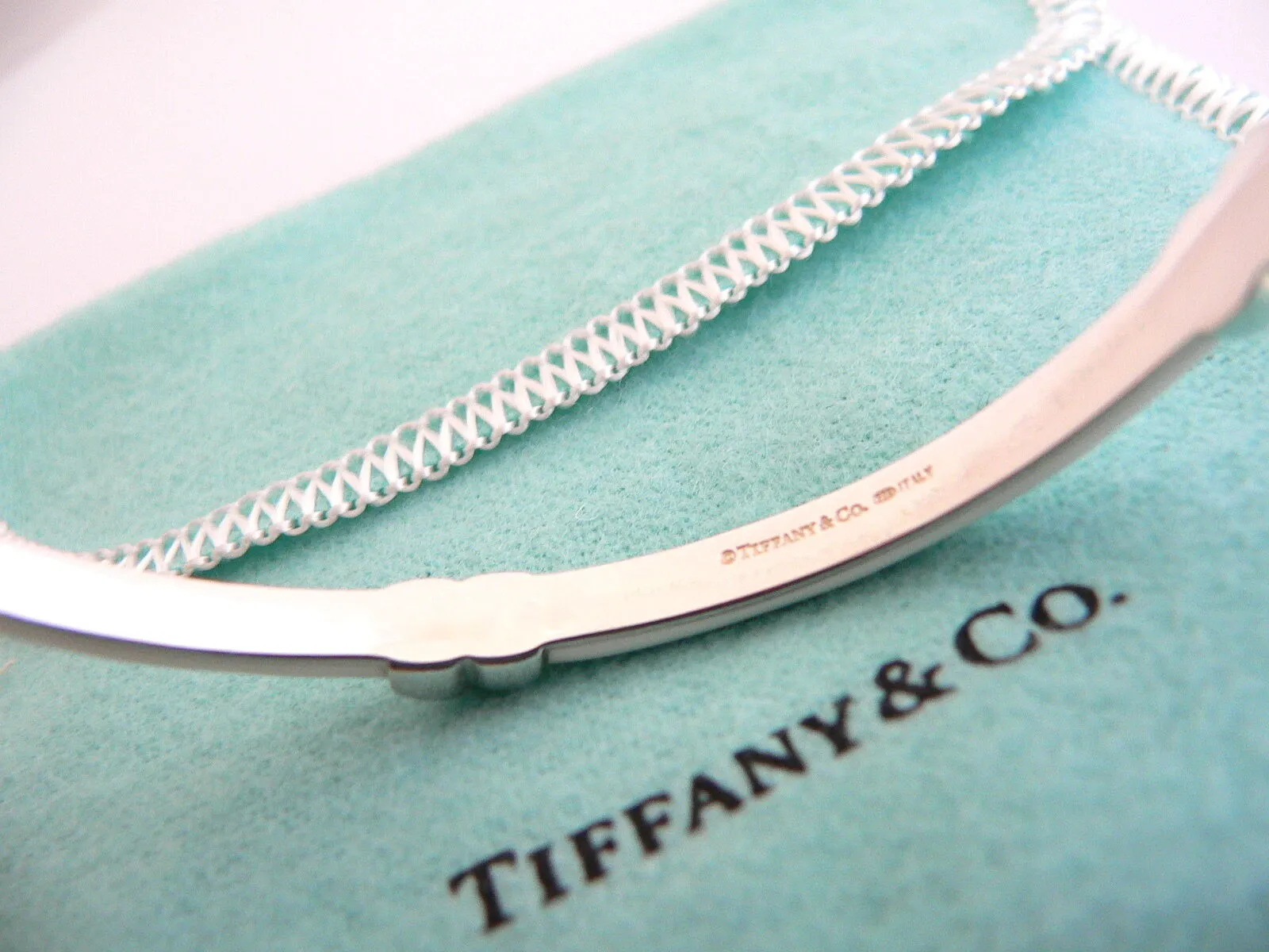 Tiffany & Co Signature X Bangl Silver White Enamel Bracelet Love Gift Pouch Art