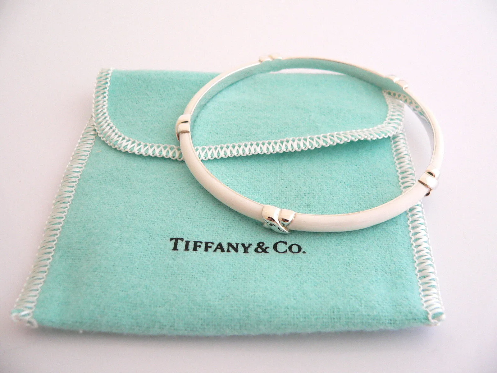 Tiffany & Co Signature X Bangl Silver White Enamel Bracelet Love Gift Pouch Art