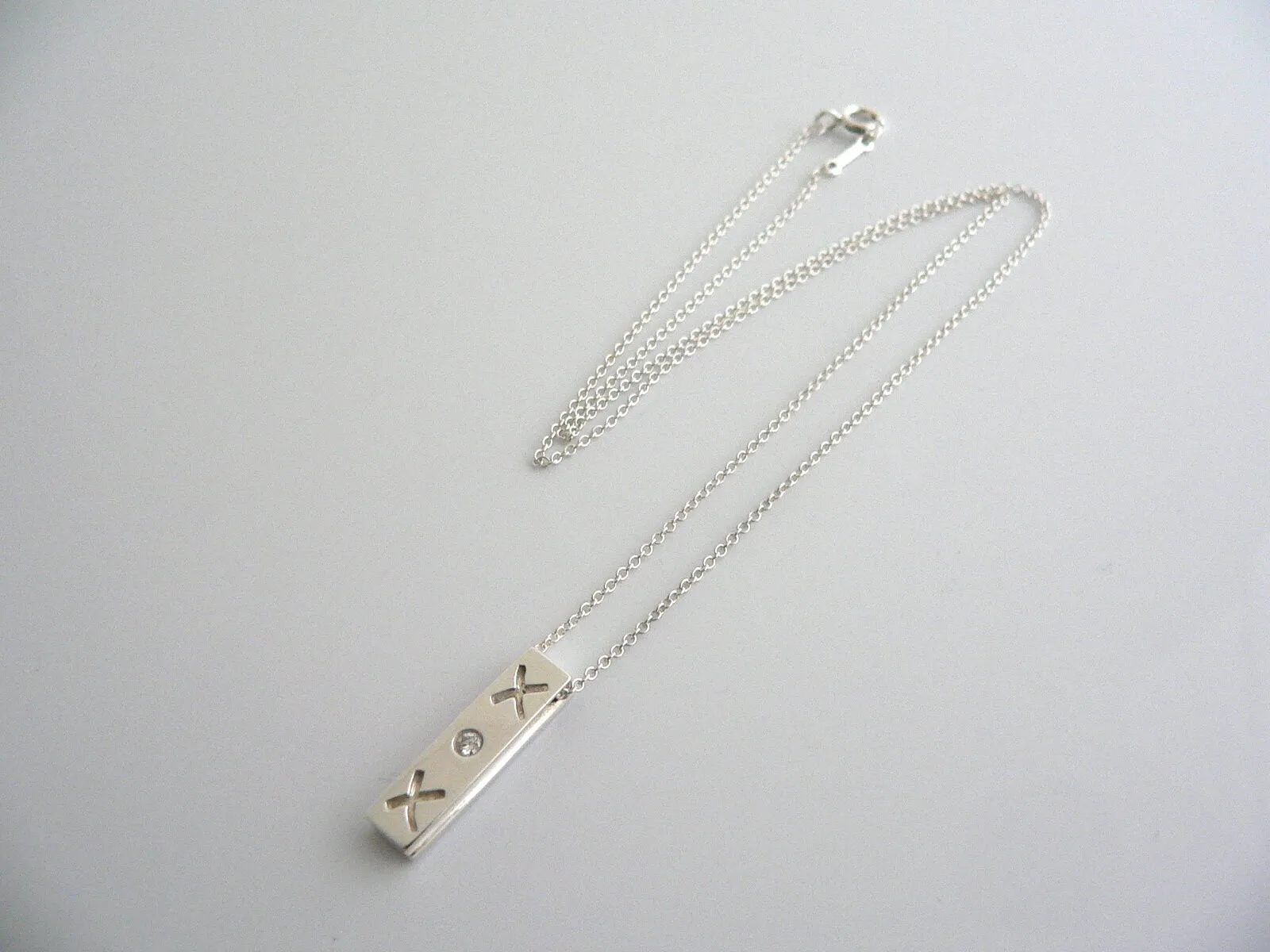 Tiffany & Co Silver Diamond Bar Hugs & Kiss Necklace Pendant Charm 16.5 In Gift