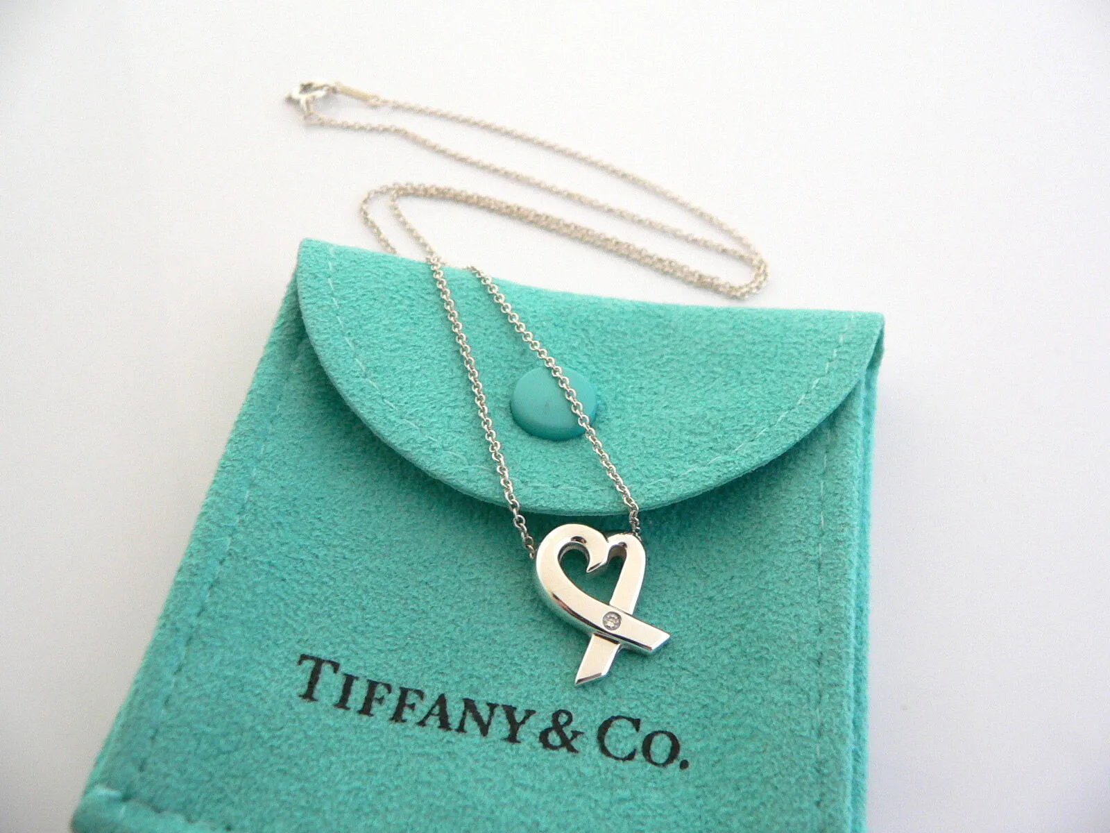 Tiffany & Co Silver Diamond Loving Heart Necklace Pendant Gift Pouch Love