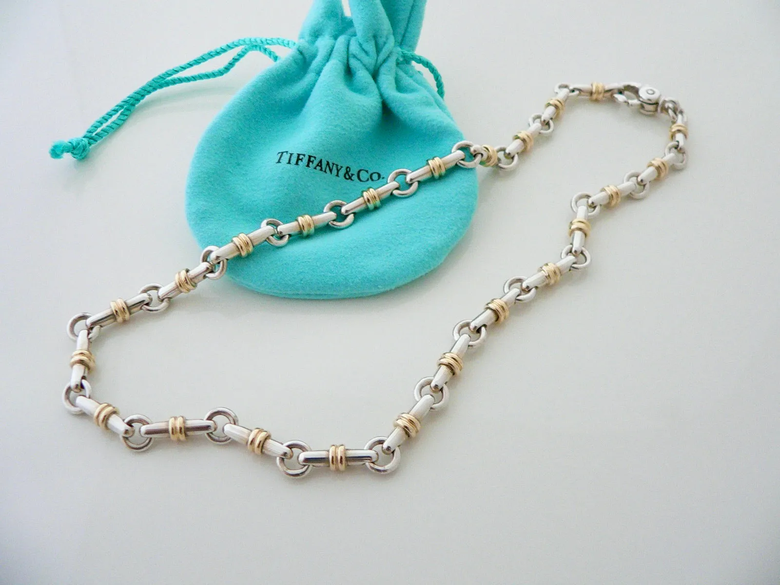 Tiffany & Co Silver Gold Bar Link Tube Necklace Pendant Chain Gift Pouch Cocktail Party Heavy