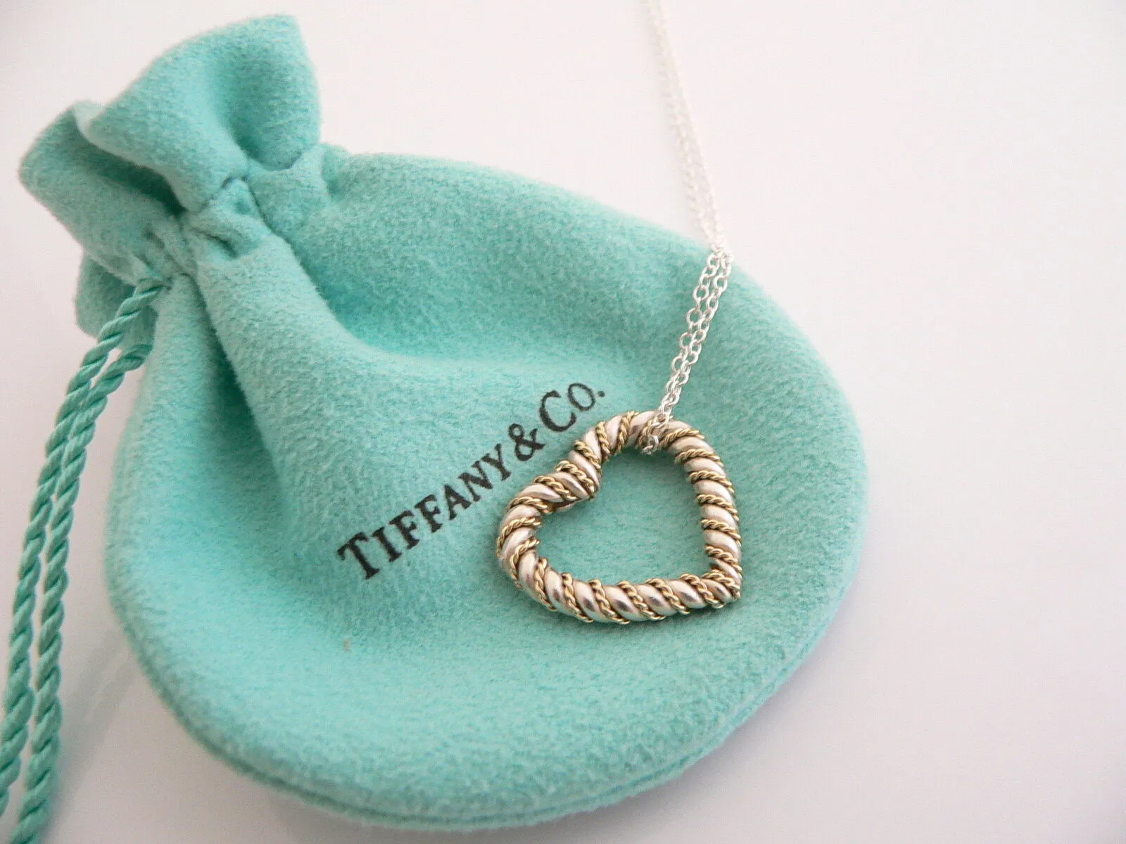 Tiffany & Co Silver Gold Heart Rope Necklace Pendant Charm 19 In Chain Long Gift
