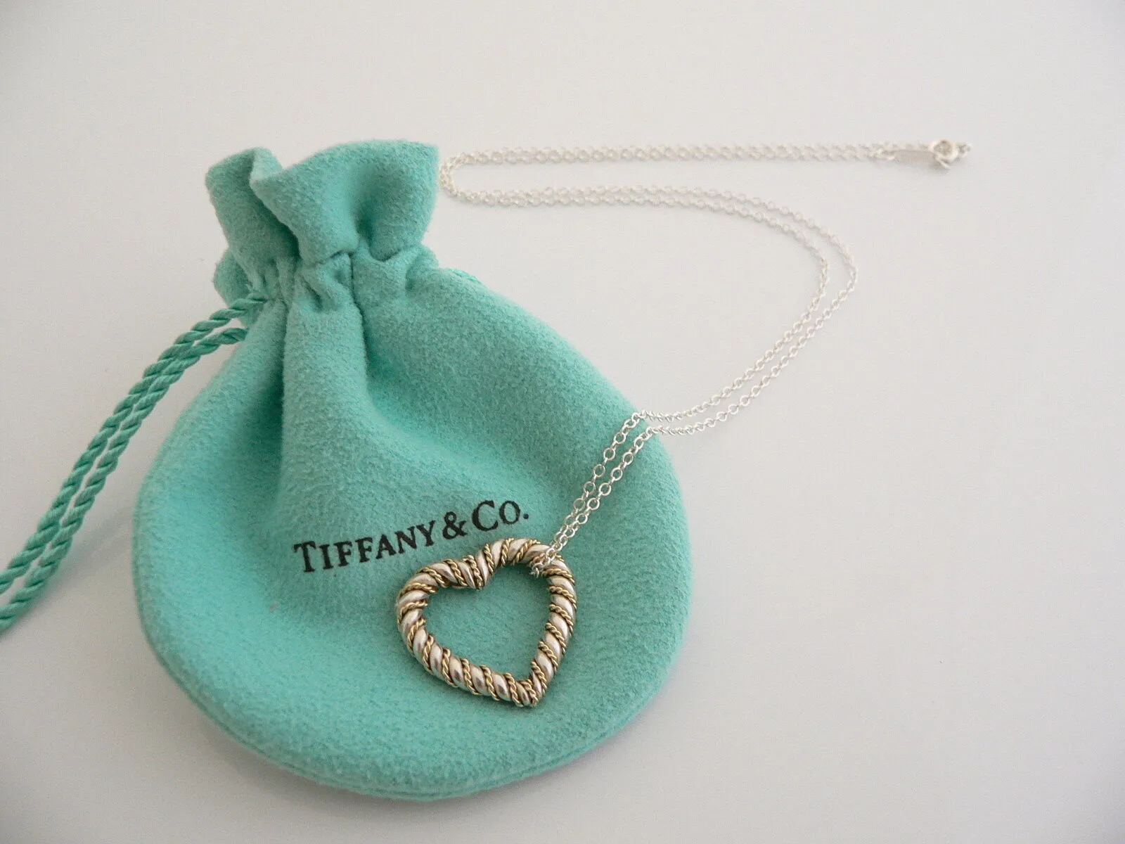 Tiffany & Co Silver Gold Heart Rope Necklace Pendant Charm 19 In Chain Long Gift