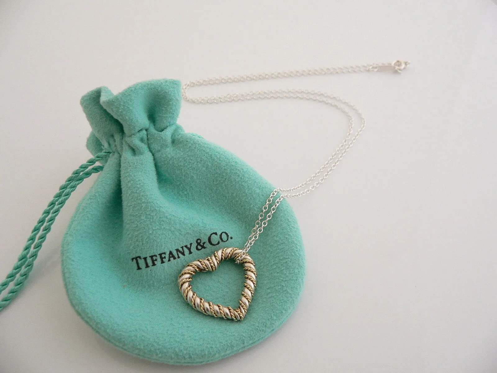 Tiffany & Co Silver Gold Heart Rope Necklace Pendant Charm 19 In Chain Long Gift