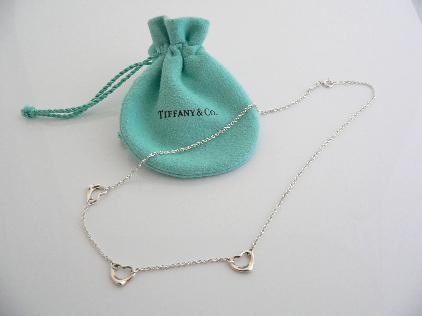 Tiffany & Co Silver Peretti 3 Open Heart Pendant Necklace Charm Chain Gift Pouch