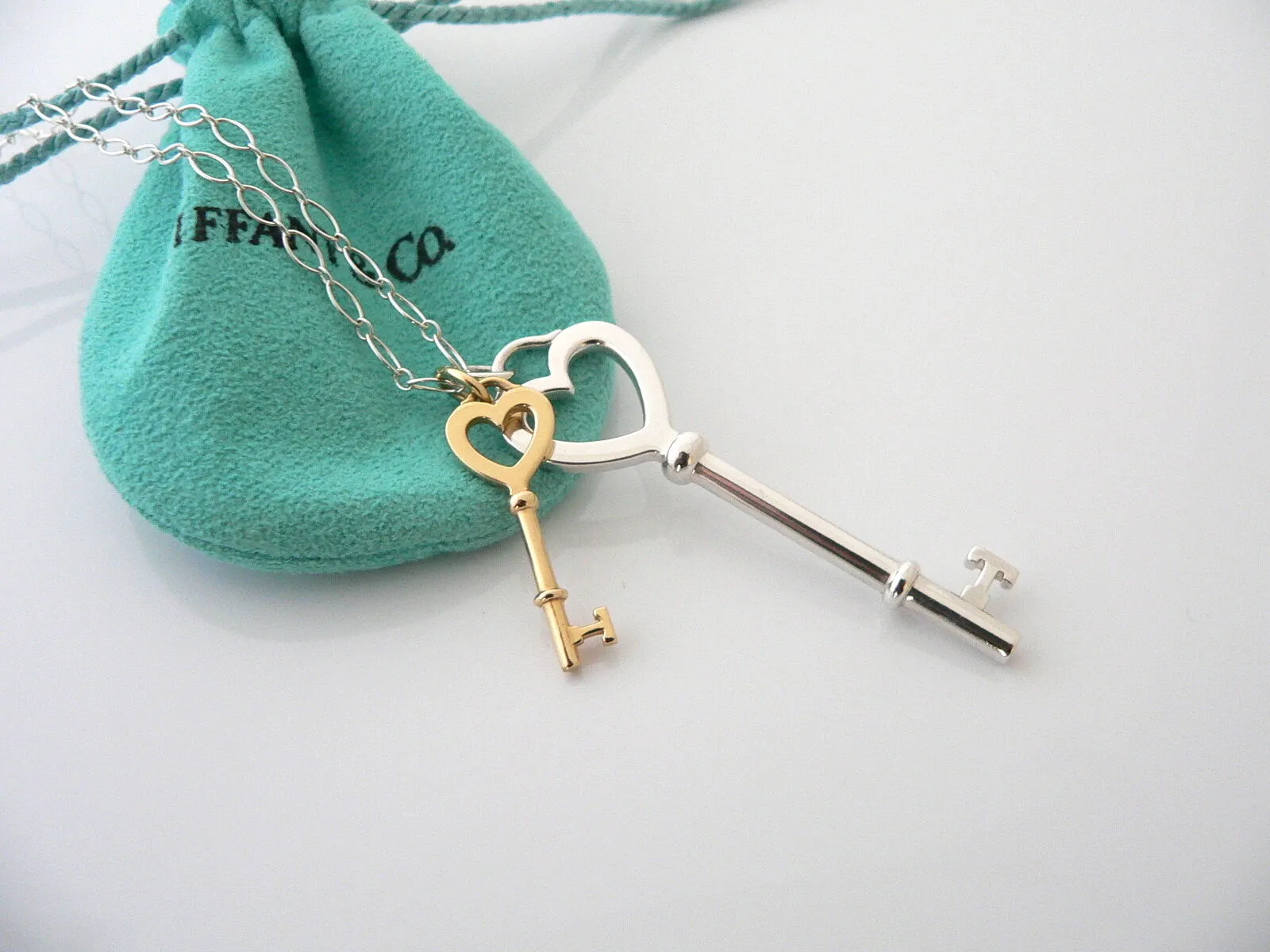 Tiffany Co Silver 18K Gold Large Heart Keys Necklace Pendant Charm 24 Inch Gift