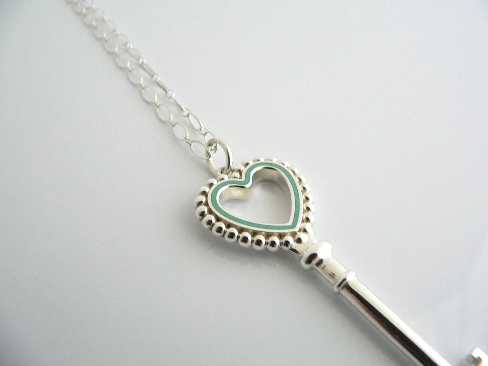 Tiffany Co Silver Blue Enamel Heart Key Necklace Pendant Bead Charm Gift Love