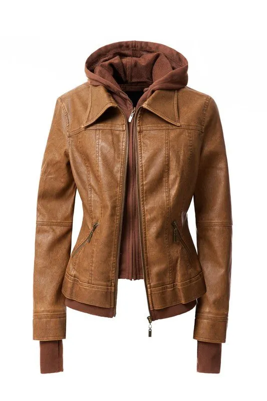 Trendy PU Leather Jacket with Hood