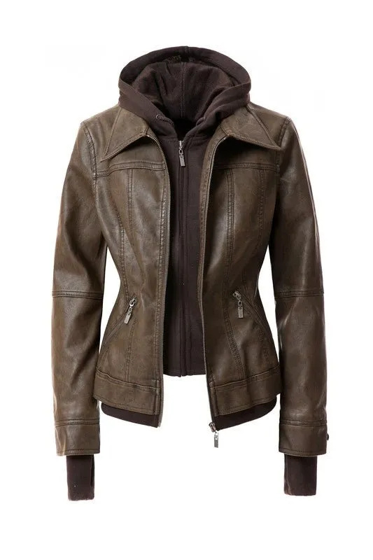 Trendy PU Leather Jacket with Hood