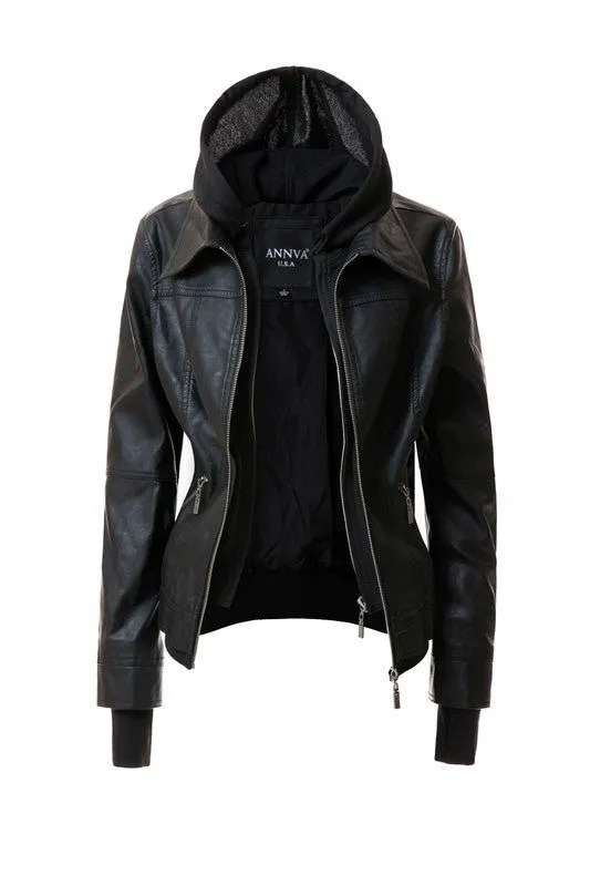 Trendy PU Leather Jacket with Hood