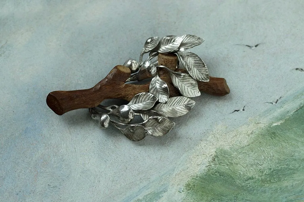 Vintage Naturalist Wood and Silver Tree Brooch