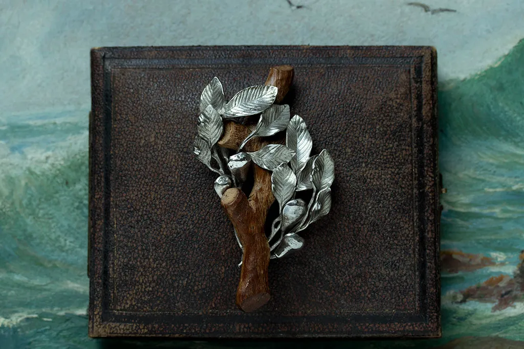 Vintage Naturalist Wood and Silver Tree Brooch