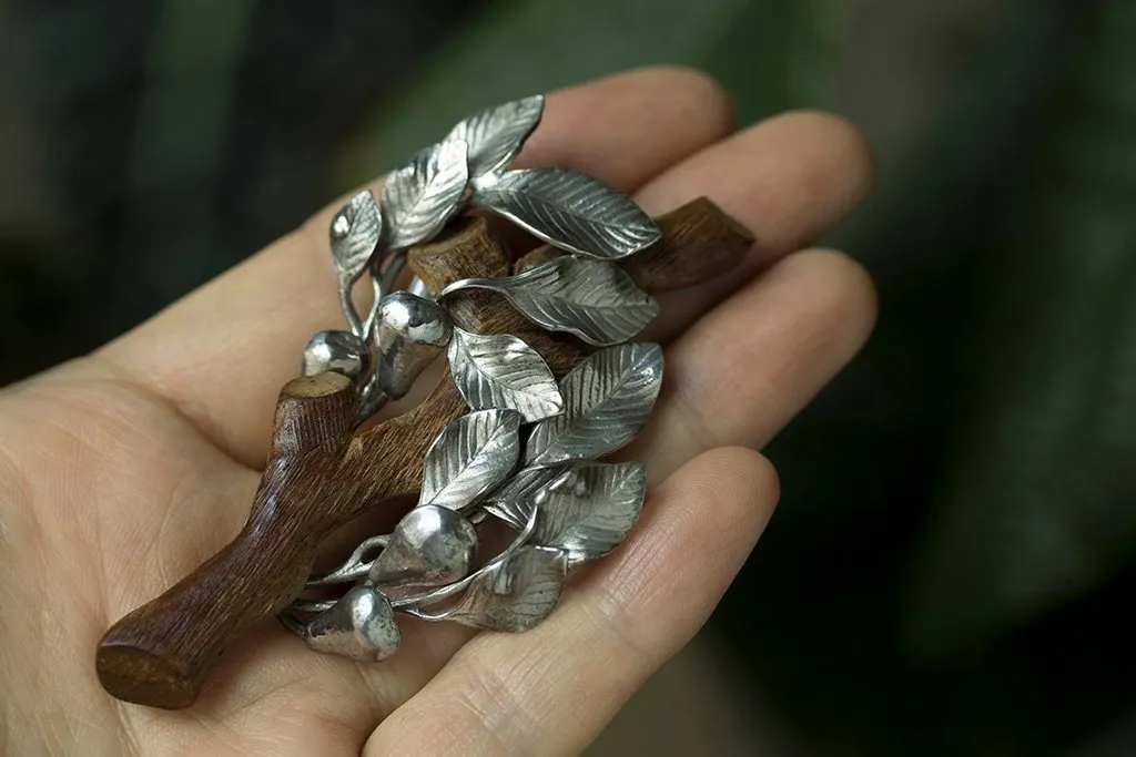 Vintage Naturalist Wood and Silver Tree Brooch