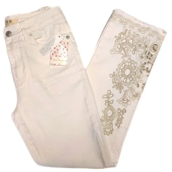 We the Free (Free People) cream ivory denim jeans w/ embroidery applique 26