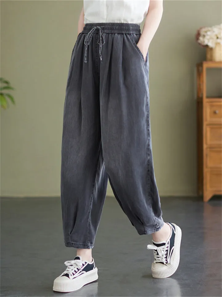 Wearable Drawstring Solid Color Jeans for Ladies