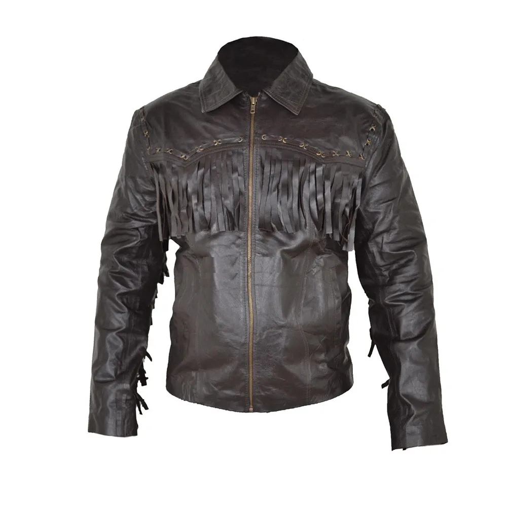 Western Black Leather Fringe Jacket for Men MWJ547